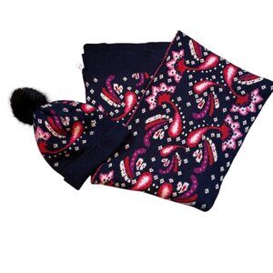 Vera Bradley Hat & Scarf Set Navy Blue Painted Paisley  Fair Isle Knit